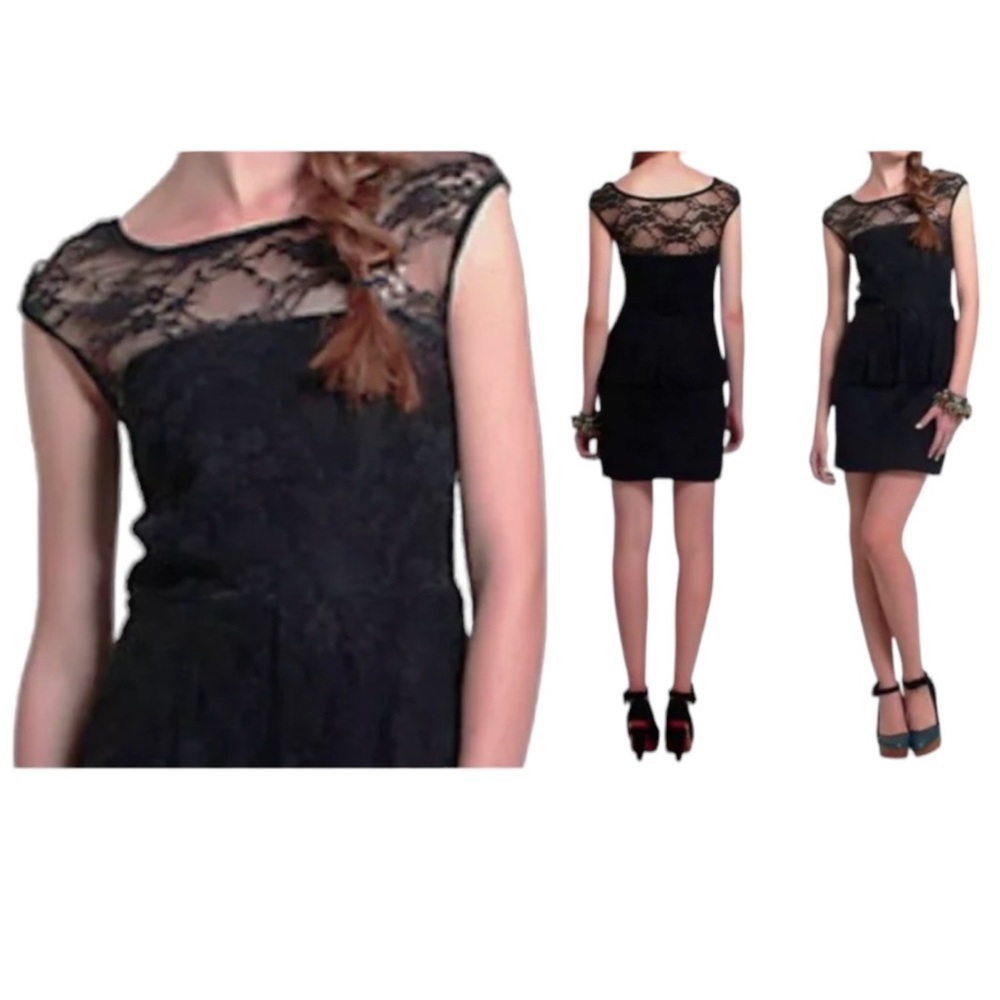 Anthropologie Needlepoint Ponte Dress Large 10 12 Black Peplum & Lace Romantic